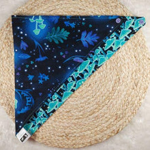 Load image into Gallery viewer, Moonlight Mushrooms Reversible Snap-On Dog Bandana - Size Medium. The Medium dog bandana is 20 inches in width and 11 inches in length. The Small dog bandana is 14 inches in width and 8 inches in length. Wiggles & Whiskers. Pet Accessories Canada.