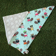 Load image into Gallery viewer, A dog bandana made out of mint green fabric with Beavers dressed in colourful bathing suits all over it laying on artificial turf.
