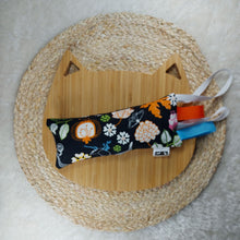 Load image into Gallery viewer, Black Catnip Floral Catnip Super Kicker Toy. Get those paws moving with this catnip toy! This is the purrrfect cat toy for your feline friends who love to lie down and get all four paws involved when they are playing with something they love. Add in some delectable catnip and crinkle paper that peaks their curiosity and this toy ticks all the boxes. Made from 100% cotton. Contains 1 Tablespoon of Catnip/Catmint from St Jacobs, Ontario, Canada. Wiggles and Whiskers Canada Pet Accessories.
