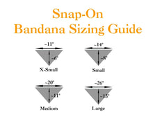 Load image into Gallery viewer, Infographic showing 4 sizes of dog bandanas available with measurements.