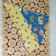 Load image into Gallery viewer, Dog bandana and cat bandana. This reversible bandana (size small) has happy bees on one side and colourful trailers under a starlit sky on the other. Wiggles & Whiskers. Pet Accessories Canada.