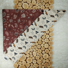 Load image into Gallery viewer, Dog bandana and cat bandana. Canadian Made Pet Accessories. bandana is fully reversible with two coordinating, earthy, and wood  themed fabrics. Made of 100% cotton fabric. Fully washable, dryer friendly and can be ironed as needed. Wiggles & Whiskers. Pet Accessories Canada.