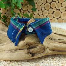 Load image into Gallery viewer, Navy with Rainbow Stripes Dapper Pet Collar. Your dog or cat will look “Oh so handsome” in a snap, with this simple, comfortable and stylish collar available in a variety of classic looks. This dog collar is suitable to be used as a cat collar. The neck size is 12.5 inches. Made of 100% cotton fabric. Fully washable, dryer friendly and can be ironed as needed. It is recommended that you allow an additional 2 finger widths space for ideal fit. Wiggles and Whiskers Canada Pet Accessories.