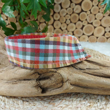 Load image into Gallery viewer, Orange plaid dog collar and cat collar. The neck size is 14.5 inches. Made of 100% cotton fabric. Fully washable, dryer friendly and can be ironed as needed. It is recommended that you allow an additional 2 finger widths space for ideal fit. This is the side view of the plaid dog collar and cat collar. Wiggles & Whiskers. Pet Accessories Canada.