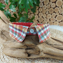 Load image into Gallery viewer, Orange plaid dog collar and cat collar. The neck size is 14.5 inches. Made of 100% cotton fabric. Fully washable, dryer friendly and can be ironed as needed.  It is recommended that you allow an additional 2 finger widths space for ideal fit. Wiggles &amp; Whiskers. Pet Accessories Canada.
