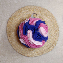 Load image into Gallery viewer, Purple and pink dog toy made out of fleece fabric sitting on a light coloured background.
