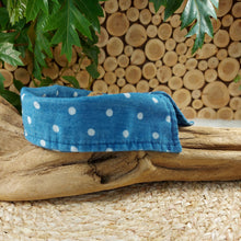 Load image into Gallery viewer, Navy with White Polka Dots Dapper Dog or Cat Collar. The neck size is 14 inches. Made of 100% cotton fabric. Fully washable, dryer friendly and can be ironed as needed. Canadian Pet Accessories Company Wiggles & Whiskers