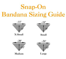 Load image into Gallery viewer, Infographic showing 5 sizes of pet bandanas available with measurements. The extra small pet bandana is 11 inches in width and 6 inches in length. The Small pet bandana is 14 inches in width and 8 inches in length. The Medium pet bandana is 20 inches in width and 11 inches in length. The Large pet bandana is 26 inches in width and 13 inches in length. The extra Large pet bandana is 14.5 inches wide and 9.5 inches in length. Canadian Pet Accessories Company Wiggles & Whiskers