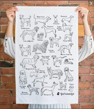Load image into Gallery viewer, Alphabet Dogs Tea Towel. This cotton tea towel features dog breed illustrations from "A" for Airedale Terrier to "Z" for Zuchon - with a special place for rescues under "R"! Wiggles and Whiskers Canada Pet Accessories.
