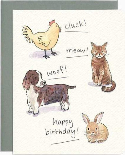 Animal Sounds Birthday Card. This card is perfect of pet lovers featuring a chicken, cat, dog and rabbit with a happy birthday message. Canada pet accessories. Wiggles and Whiskers
