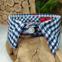 Load image into Gallery viewer, Blue, Red and White Plaid Dapper Pet Collar. Your dog or cat will look “Oh so handsome” in a snap, with this simple, comfortable and stylish collar available in a variety of classic looks. This dog collar is suitable to be used as a cat collar. The neck size is 14.5 inches. Made of 100% cotton fabric. Fully washable, dryer friendly and can be ironed as needed. It is recommended that you allow an additional 2 finger widths space for ideal fit. Wiggles and Whiskers Canada Pet Accessories.