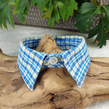 Load image into Gallery viewer, Blue/White Plaid Dapper Pet Collar. Your dog or cat will look “Oh so handsome” in a snap, with this simple, comfortable and stylish collar available in a variety of classic looks. This dog collar is suitable to be used as a cat collar. The neck size is 14.5 inches. Made of 100% cotton fabric. Fully washable, dryer friendly and can be ironed as needed. It is recommended that you allow an additional 2 finger widths space for ideal fit. Wiggles and Whiskers Canada Pet Accessories.