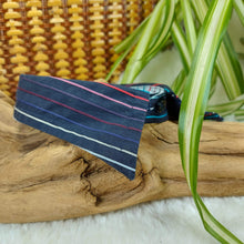 Load image into Gallery viewer, Navy Striped Dapper Pet Collar. Your dog or cat will look “Oh so handsome” in a snap, with this simple, comfortable and stylish collar available in a variety of classic looks. This dog collar is suitable to be used as a cat collar. The neck size is 14.5 inches. Made of 100% cotton fabric. Fully washable, dryer friendly and can be ironed as needed. It is recommended that you allow an additional 2 finger widths space for ideal fit. Wiggles and Whiskers Canada Pet Accessories.