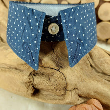 Load image into Gallery viewer, Navy with White Polka Dots Dapper Dog or Cat Collar. The neck size is 14 inches. Made of 100% cotton fabric. Fully washable, dryer friendly and can be ironed as needed. Canadian Pet Accessories Company Wiggles & Whiskers