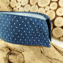 Load image into Gallery viewer, Navy with White Polka Dots Dapper Dog or Cat Collar. The neck size is 14 inches. Made of 100% cotton fabric. Fully washable, dryer friendly and can be ironed as needed. Canadian Pet Accessories Company Wiggles & Whiskers