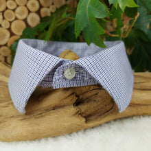 Load image into Gallery viewer, Purple, White and Blue Checked Dapper Pet Collar. Your dog or cat will look “Oh so handsome” in a snap, with this simple, comfortable and stylish collar available in a variety of classic looks. This dog collar is suitable to be used as a cat collar. The neck size is 17.5 inches. Made of 100% cotton fabric. Fully washable, dryer friendly and can be ironed as needed. It is recommended that you allow an additional 2 finger widths space for ideal fit. Wiggles and Whiskers Canada Pet Accessories.
