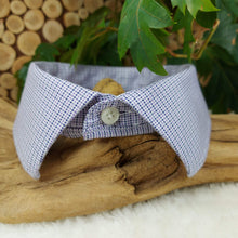Load image into Gallery viewer, Purple, White and Blue Checked Dapper Pet Collar. Your dog or cat will look “Oh so handsome” in a snap, with this simple, comfortable and stylish collar available in a variety of classic looks. This dog collar is suitable to be used as a cat collar. The neck size is 17.5 inches. Made of 100% cotton fabric. Fully washable, dryer friendly and can be ironed as needed. It is recommended that you allow an additional 2 finger widths space for ideal fit. Wiggles and Whiskers Canada Pet Accessories.