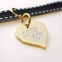 Load image into Gallery viewer, Good Boy Pet Tag. Who's a good boy? Your pet is! Award them with this gold medal from Canadian company Boldfaced Goods. Shiny backing perfect for engraving their name/number. Can also be worn as a pendant necklace for humans. Gold plated zinc alloy. Measures almost 1 inch in width. Wiggles and Whiskers Canada Pet Accessories.