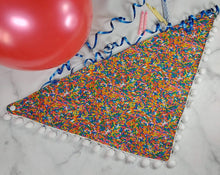 Load image into Gallery viewer, Celebration Snap-On Pet Dog Bandana - 15" to 19" (neck size). This Pet bandana is also suitable for cats. This Snap-On bandana is fully reversible with a realistic looking candy sprinkles fabric on one side, and a coordinating green fabric with tiny white dots on the other (100% cotton) with a pompom trim. Canadian Pet Accessories Company Wiggles & Whiskers