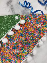 Load image into Gallery viewer, Celebration Snap-On Pet Bandana - 15" to 19" (neck size). Sprinkles front and Green polka dot back view. Canadian Pet Accessories Company Wiggles & Whiskers
