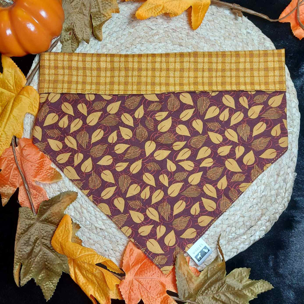 Gold Plaid and Leaves Snap On Dog Bandana