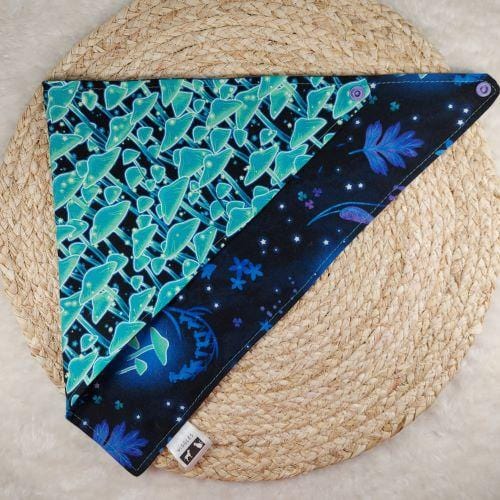 Moonlight Mushrooms Reversible Snap-On Dog Bandana - Size Medium. The Medium dog bandana is 20 inches in width and 11 inches in length. Wiggles & Whiskers. Pet Accessories Canada.