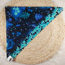 Load image into Gallery viewer, Moonlight Mushrooms Reversible Snap-On Dog Bandana - Size Medium. The Medium dog bandana is 20 inches in width and 11 inches in length. The Small dog bandana is 14 inches in width and 8 inches in length. Wiggles &amp; Whiskers. Pet Accessories Canada.
