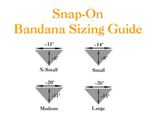 Load image into Gallery viewer, Infographic showing 4 sizes of dog bandanas available with measurements. The extra small dog bandana is 11 inches in width and 6 inches in length. The Small dog bandana is 14 inches in width and 8 inches in length. The Medium dog bandana is 20 inches in width and 11 inches in length. The Large dog bandana is 26 inches in width and 13 inches in length.
