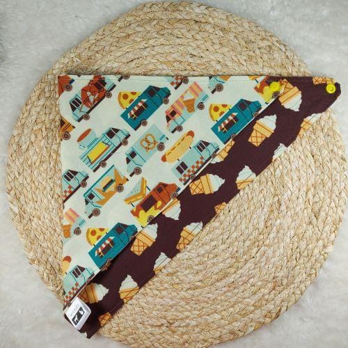 Food Trucks and Ice Cream Cones Snap-On Reversible Dog Bandana - Size Medium. Made of two coordinating cotton fabrics. Made of 100% cotton fabric. Fully washable, dryer friendly and can be ironed as needed. Wiggles & Whiskers. Pet Accessories Canada.