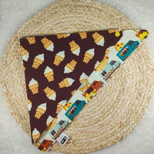 Load image into Gallery viewer, Food Trucks and Ice Cream Cones Snap-On Reversible Dog Bandana - Size Medium. Made of two coordinating cotton fabrics. Made of 100% cotton fabric. Fully washable, dryer friendly and can be ironed as needed.  Wiggles &amp; Whiskers. Pet Accessories Canada.
