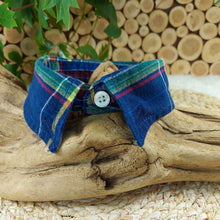 Load image into Gallery viewer, Navy with Rainbow Stripes Dapper Pet Collar. Your dog or cat will look “Oh so handsome” in a snap, with this simple, comfortable and stylish collar available in a variety of classic looks. This dog collar is suitable to be used as a cat collar. The neck size is 12.5 inches. Made of 100% cotton fabric. Fully washable, dryer friendly and can be ironed as needed. It is recommended that you allow an additional 2 finger widths space for ideal fit. Wiggles and Whiskers Canada Pet Accessories.
