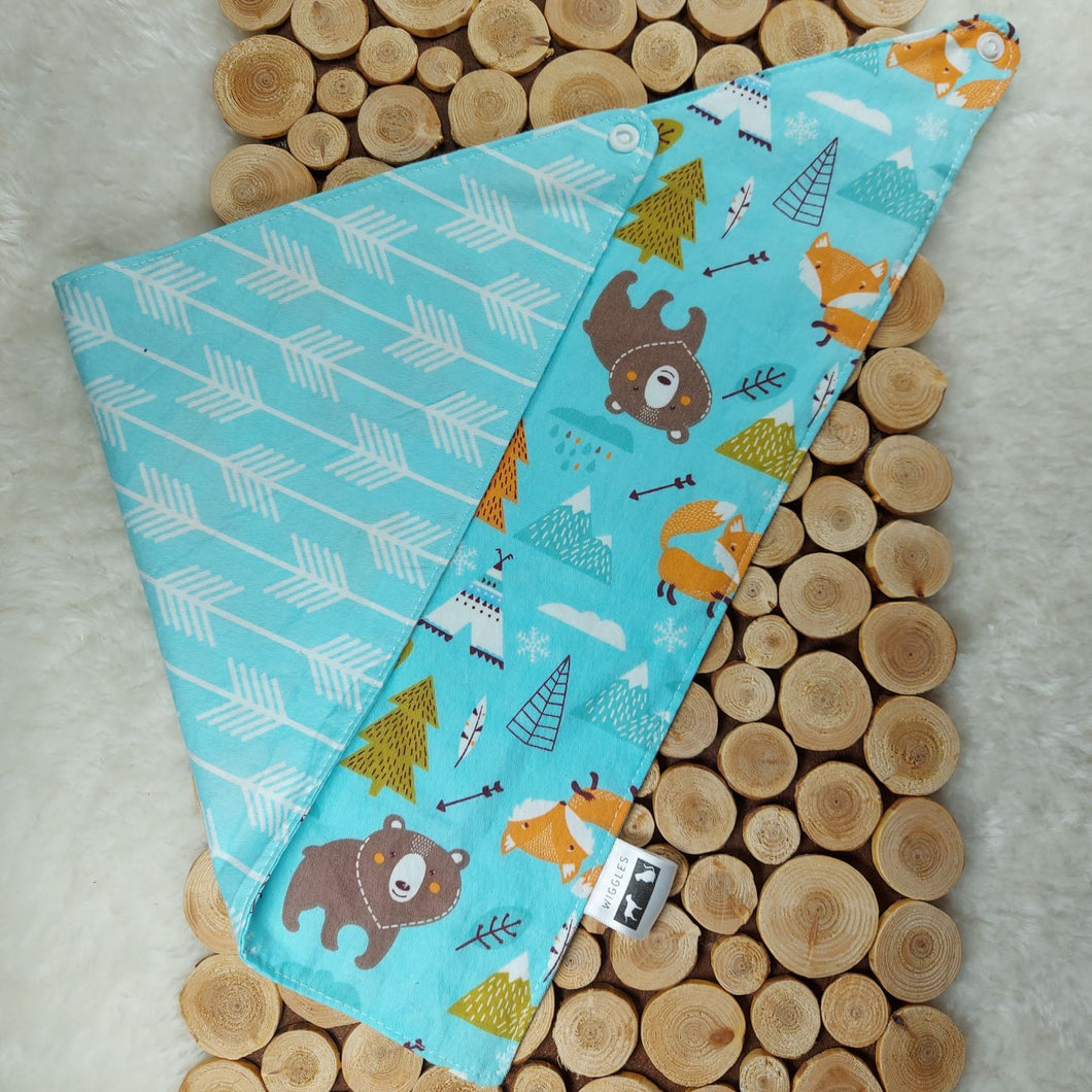 Dog banana and cat bandana. This bandana is fully reversible with two cheerful, coordinating, and turquoise fabrics with white arrows and small animals. Wiggles & Whiskers. Pet Accessories Canada.