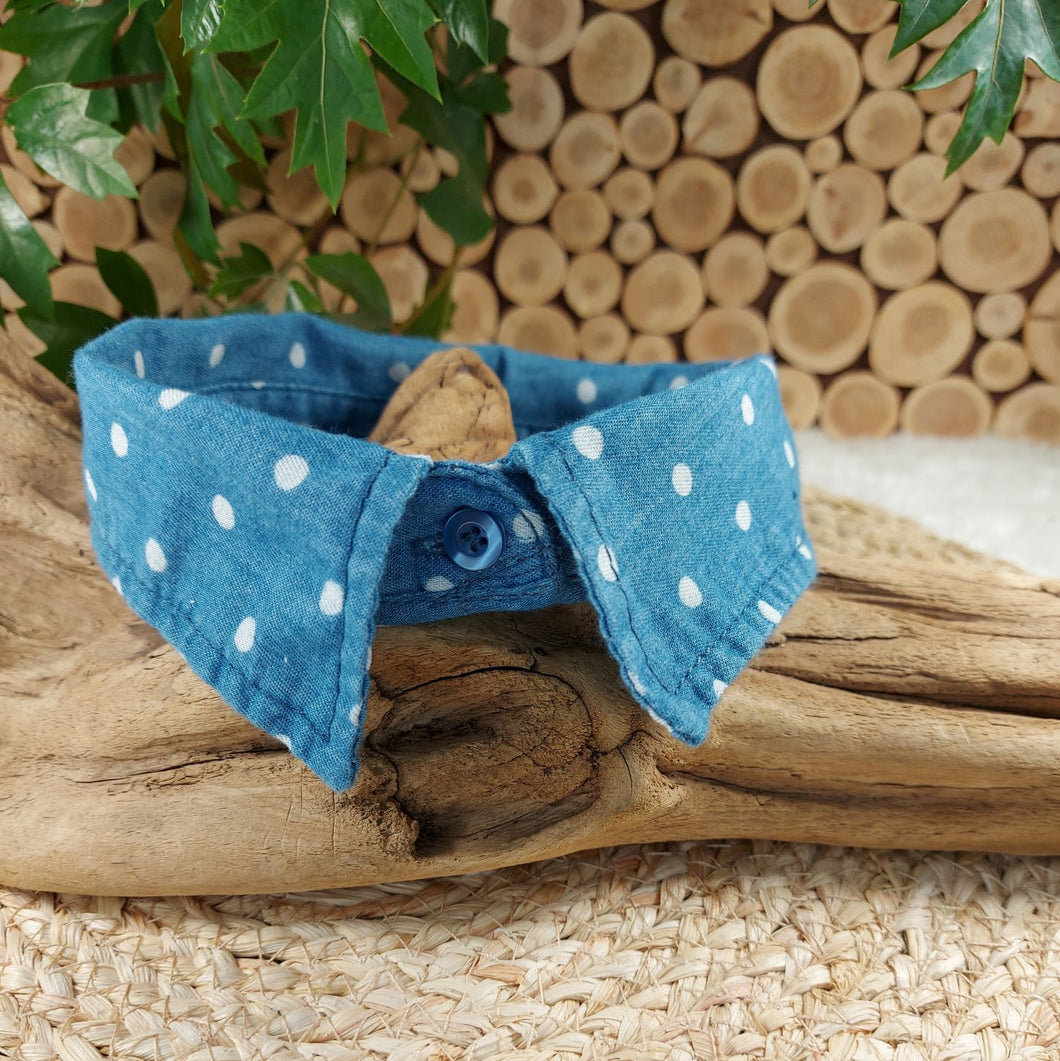 Navy with White Polka Dots Dapper Dog or Cat Collar. The neck size is 14 inches. Made of 100% cotton fabric. Fully washable, dryer friendly and can be ironed as needed. Canadian Pet Accessories Company Wiggles & Whiskers