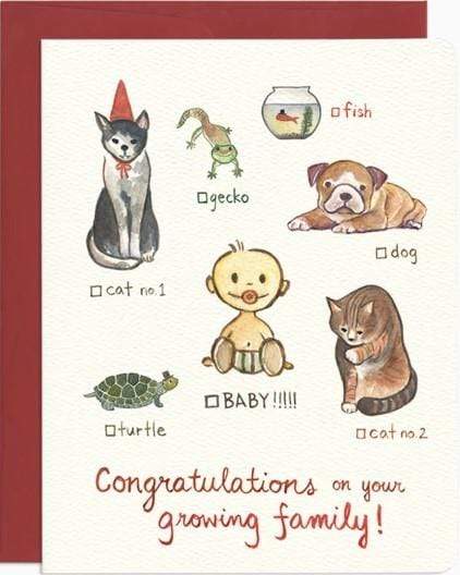 Cat, Dog, Baby!!! Card. This pet card reads 