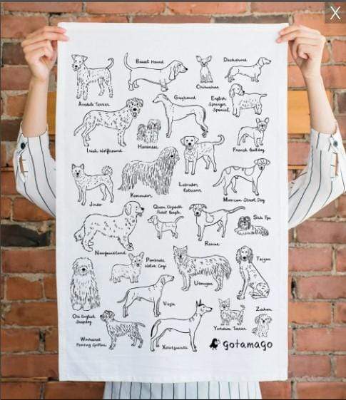 Alphabet Dogs Tea Towel. This cotton tea towel features dog breed illustrations from 