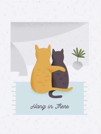 Cat Cuddles Sympathy Card. This cat displays two cat on a pastel rug with one cat having their arm around the other. The perfect cat card for a friend or family member to express your sympathy and support during a difficult time. Suitable for stress, illness, grief, and loss of a loved one including a pet. Wiggles & Whiskers. Pet Accessories Canada.
