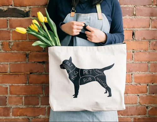 Cat & Dog Petting Double-Sided Eco-Tote Bag. This eco friendly tote bag displays a dog petting guide perfect for dog lovers. This sturdy, environmentally-friendly tote bag takes a playful spin on the traditional butcher print, and makes a stylish gift for the cat and dog lover in your life. Wiggles and whiskers Canada. Canadian pet accessories.