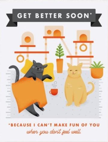 Get Better Soon Card Cat Card. This card is perfect for cats and cat lovers alike. This cat card displays two cats on a light grey rug with a cute cat toy in the background with a message that states 