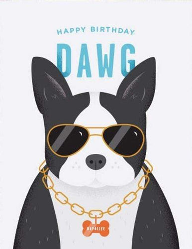 Happy Birthday Dawg Card. This dog birthday card is perfect for all dog lovers. Black and white dog card with aviator sunglasses and dog tag  chain. Wiggles and Whiskers. Pet Accessories Canada.