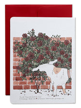 Load image into Gallery viewer, Stop and Smell the Roses Card. Stop and Smell the Roses dog card. This dog card displays a brick wall of roses with a dog beside it with the message &quot;Stop and smell the roses.&quot; A lighthearted reminder to stop once in a while to smell the roses... and to take care of oneself at the same time! Blank card inside for a personal message. 
