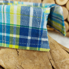 Load image into Gallery viewer, Blue/White/Yellow Plaid Dapper Pet Collar. Your dog or cat will look “Oh so handsome” in a snap, with this simple, comfortable and stylish collar available in a variety of classic looks. This dog collar is suitable to be used as a cat collar. The neck size is 14 inches. Made of 100% cotton fabric. Fully washable, dryer friendly and can be ironed as needed. It is recommended that you allow an additional 2 finger widths space for ideal fit. Wiggles and Whiskers Canada Pet Accessories.
