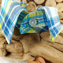 Load image into Gallery viewer, Blue/White/Yellow Plaid Dapper Pet Collar. Your dog or cat will look “Oh so handsome” in a snap, with this simple, comfortable and stylish collar available in a variety of classic looks. This dog collar is suitable to be used as a cat collar. The neck size is 14 inches. Made of 100% cotton fabric. Fully washable, dryer friendly and can be ironed as needed. It is recommended that you allow an additional 2 finger widths space for ideal fit. Wiggles and Whiskers Canada Pet Accessories.

