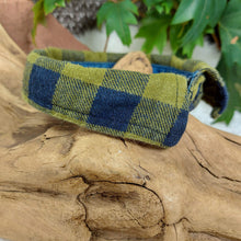 Load image into Gallery viewer, Green/Navy Dapper Pet Collar. Your dog or cat will look “Oh so handsome” in a snap, with this simple, comfortable and stylish collar available in a variety of classic looks. This dog collar is suitable to be used as a cat collar. The neck size is 11.5 inches. Made of 100% cotton fabric. Fully washable, dryer friendly and can be ironed as needed. It is recommended that you allow an additional 2 finger widths space for ideal fit. Wiggles and Whiskers Canada Pet Accessories.
