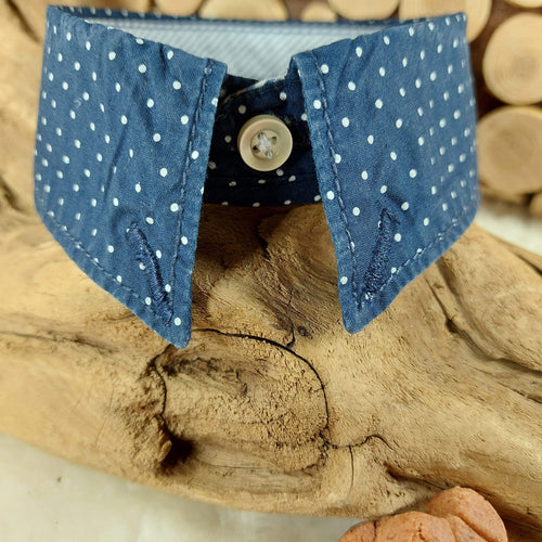 Navy with White Polka Dots Dapper Dog or Cat Collar. The neck size is 14 inches. Made of 100% cotton fabric. Fully washable, dryer friendly and can be ironed as needed. Canadian Pet Accessories Company Wiggles & Whiskers