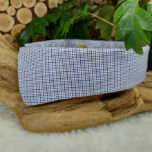 Load image into Gallery viewer, Purple, White and Blue Checked Dapper Pet Collar. Your dog or cat will look “Oh so handsome” in a snap, with this simple, comfortable and stylish collar available in a variety of classic looks. This dog collar is suitable to be used as a cat collar. The neck size is 17.5 inches. Made of 100% cotton fabric. Fully washable, dryer friendly and can be ironed as needed. It is recommended that you allow an additional 2 finger widths space for ideal fit. Wiggles and Whiskers Canada Pet Accessories.
