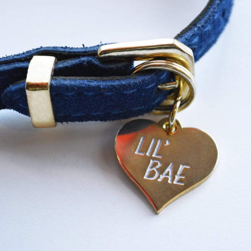 Gold Plated L'il Bae Pet Tag. Our pets get 100% of our affection - which is exactly why Canadian company Boldfaced Goods decided to make these cute Lil' Bae pet tags. Measures almost 1 inch in size. Shiny backing perfect for engraving their name/number. Can also be worn as a pendant necklace for humans. Gold plated zinc alloy. Wiggles and Whiskers Canada Pet Accessories.