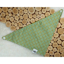 Load image into Gallery viewer, Forest Friends/Green Plaid Snap-On Pet Bandana. Over the Collar style Bandana is perfect for dogs and cats on the move because once it’s on it won’t be going anywhere! Slip their collar through the top of the bandana and they can wear it in front, to the side, or at the back. Our bandanas are fully reversible for two different looks – perfect for your style conscious or messy pet. They are also double stitched to last through many washings. Canadian Pet Accessories Company Wiggles &amp; Whiskers
