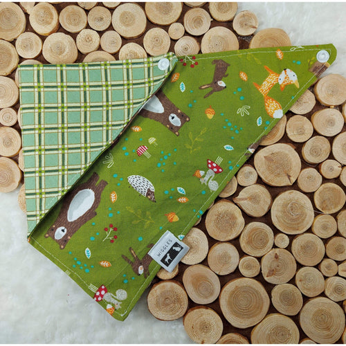 Forest Friends/Green Plaid Snap-On Pet Bandana. Over the Collar style Bandana is perfect for dogs and cats on the move because once it’s on it won’t be going anywhere! Slip their collar through the top of the bandana and they can wear it in front, to the side, or at the back. Our bandanas are fully reversible for two different looks – perfect for your style conscious or messy pet. They are also double stitched to last through many washings. Canadian Pet Accessories Company Wiggles & Whiskers