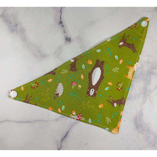 Forest Friends/Green Plaid Snap-On Pet Bandana. Over the Collar style Bandana is perfect for dogs and cats on the move because once it’s on it won’t be going anywhere! Slip their collar through the top of the bandana and they can wear it in front, to the side, or at the back. Our bandanas are fully reversible for two different looks – perfect for your style conscious or messy pet. They are also double stitched to last through many washings. Canadian Pet Accessories Company Wiggles & Whiskersl