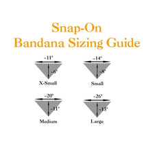 Load image into Gallery viewer, Infographic showing 4 sizes of pet bandanas available with measurements. The extra small pet bandana is 11 inches in width and 6 inches in length. The Small pet bandana is 14 inches in width and 8 inches in length. The Medium pet bandana is 20 inches in width and 11 inches in length. The Large pet bandana is 26 inches in width and 13 inches in length. The extra Large pet bandana is 14.5 inches wide and 9.5 inches in length. Canadian Pet Accessories Company Wiggles &amp; Whiskers
